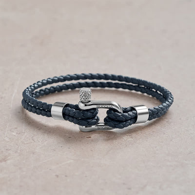 Buddha Stones Titanium Steel Shackle Leather Double Wrap Stimulation Bracelet - Blue Rope Silvery Buckle - Wrist Circumference:7.9–8.2 in (20–21 cm) - image 0