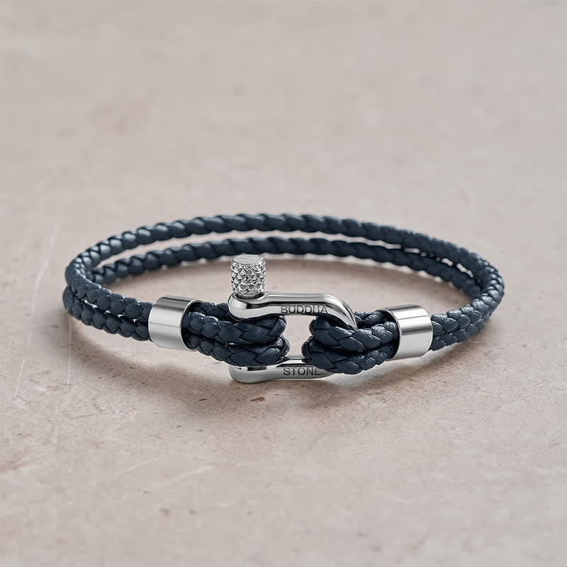 Buddha Stones Titanium Steel Shackle Leather Double Wrap Stimulation Bracelet - Blue Rope Silvery Buckle - Wrist Circumference:7.9–8.2 in (20–21 cm) - image 0