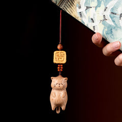 Buddha Stones Beech Wood Hand Carved Lucky Cat Phone Hanging Decoration - Beech Wood (Clarity ♥ Grounding Energy) - image 0