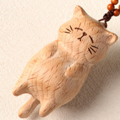 Buddha Stones Beech Wood Hand Carved Lucky Cat Phone Hanging Decoration - image 8