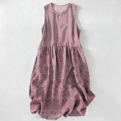 Buddha Stones Summer Casual Bohemian Floral Border Pattern Women's Summer Sleeveless Midi Dress With Pockets - PaleVioletRed - US16，UK/AU20，EU48 (3XL) - image 4