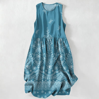 Buddha Stones Summer Casual Bohemian Floral Border Pattern Women's Summer Sleeveless Midi Dress With Pockets - Turquoise - US16，UK/AU20，EU48 (3XL) - image 5