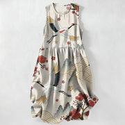 Foviel Summer Casual Crane Plum Blossom Pattern Women's Summer Sleeveless Midi Dress With Pockets