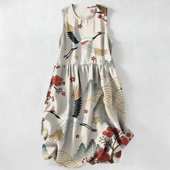 Buddha Stones Summer Casual Crane Plum Blossom Pattern Women's Summer Sleeveless Midi Dress With Pockets - Ivory - US16，UK/AU20，EU48 (3XL) - image 0