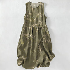 Buddha Stones Summer Casual Bamboo Leaves Pattern Women's Summer Sleeveless Midi Dress With Pockets - OliveDrab - US16，UK/AU20，EU48 (3XL) - image 0
