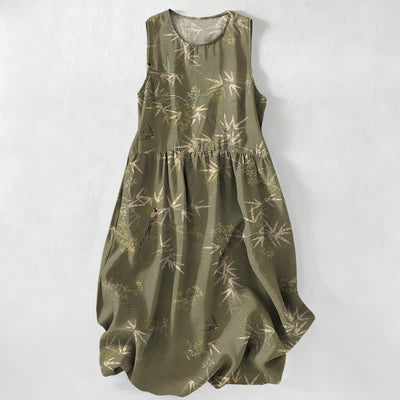Buddha Stones Summer Casual Bamboo Leaves Pattern Women's Summer Sleeveless Midi Dress With Pockets - OliveDrab - US16，UK/AU20，EU48 (3XL) - image 0