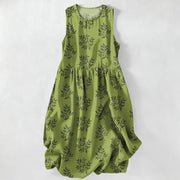 Foviel Summer Casual Botanical Leaves Pattern Women's Summer Sleeveless Midi Dress With Pockets