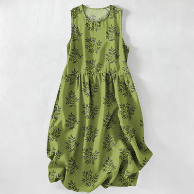 Buddha Stones Summer Casual Botanical Leaves Pattern Women's Summer Sleeveless Midi Dress With Pockets - OliveDrab - US16，UK/AU20，EU48 (3XL) - image 0
