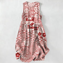 Buddha Stones Summer Casual Seigaiha Floral Pattern Women's Summer Sleeveless Midi Dress With Pockets - FloralWhite - US16，UK/AU20，EU48 (3XL) - image 0