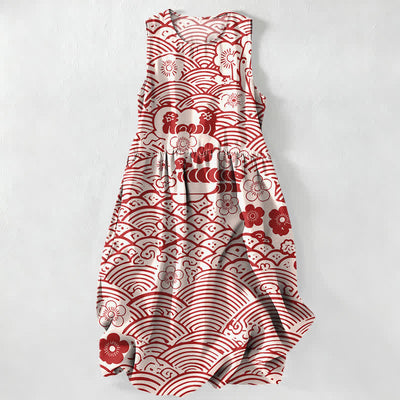 Buddha Stones Summer Casual Seigaiha Floral Pattern Women's Summer Sleeveless Midi Dress With Pockets - FloralWhite - US16，UK/AU20，EU48 (3XL) - image 0