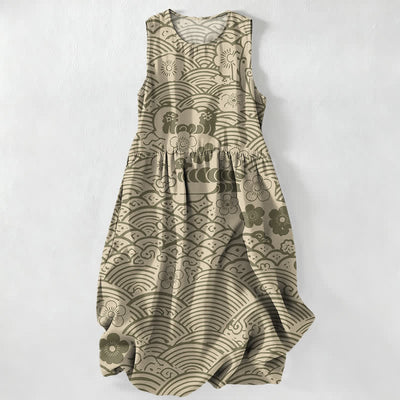 Buddha Stones Summer Casual Seigaiha Floral Pattern Women's Summer Sleeveless Midi Dress With Pockets - DarkKhaki - US16，UK/AU20，EU48 (3XL) - image 5