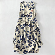Foviel Summer Casual Indigo Floral Leaves Pattern Women's Summer Sleeveless Midi Dress With Pockets