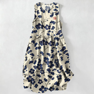 Buddha Stones Summer Casual Indigo Floral Leaves Pattern Women's Summer Sleeveless Midi Dress With Pockets - Ivory - US16，UK/AU20，EU48 (3XL) - image 0