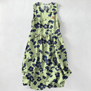 Foviel Sommer Casual Indigo Florale Blätter Muster Sommer Damen Ärmellos Midi-Kleid mit Taschen