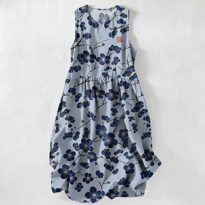Buddha Stones Summer Casual Indigo Floral Leaves Pattern Women's Summer Sleeveless Midi Dress With Pockets - PowderBlue - US16，UK/AU20，EU48 (3XL) - image 5
