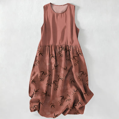 Buddha Stones Summer Casual Bamboo Leaves Pattern Women's Summer Sleeveless Midi Dress With Pockets - Chocolate - US16，UK/AU20，EU48 (3XL) - image 5