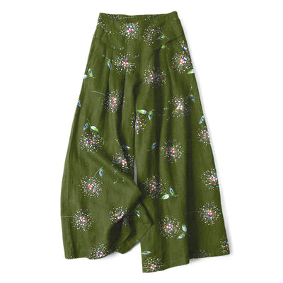 Buddha Stones Cotton Linen Colorful Dandelion Floral Pattern Women's Elastic Waist Wide Leg Pants With Pockets - OliveDrab - US16，UK/AU20，EU48 (3XL) - image 6