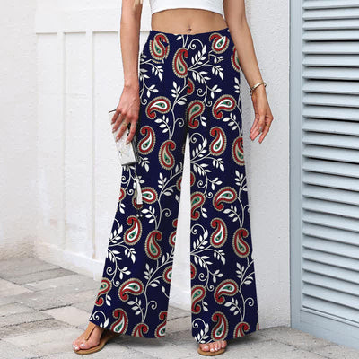 Buddha Stones Cotton Linen Bohemian Paisley Pattern Women's Elastic Waist Wide Leg Pants With Pockets - image 1