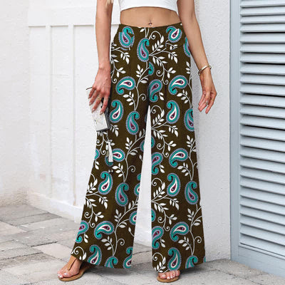 Buddha Stones Cotton Linen Bohemian Paisley Pattern Women's Elastic Waist Wide Leg Pants With Pockets - image 5