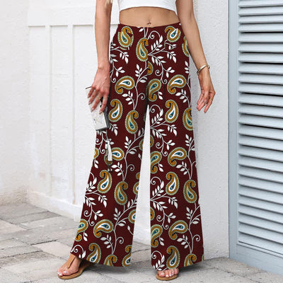 Buddha Stones Cotton Linen Bohemian Paisley Pattern Women's Elastic Waist Wide Leg Pants With Pockets - image 7