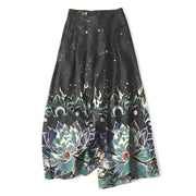 Foviel Cotton Linen Lotus Bloom Pattern Women's Elastic Waist Wide Leg Pants With Pockets