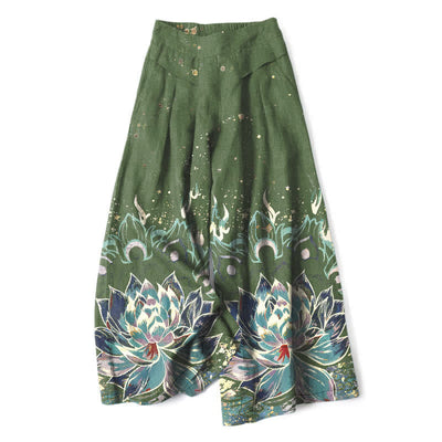 Buddha Stones Cotton Linen Lotus Bloom Pattern Women's Elastic Waist Wide Leg Pants With Pockets - OliveDrab - US16，UK/AU20，EU48 (3XL) - image 6
