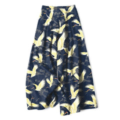 Buddha Stones Cotton Linen Gold Crane Pattern Women's Elastic Waist Wide Leg Pants With Pockets - Navy - US16，UK/AU20，EU48 (3XL) - image 0