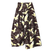 Foviel Cotton Linen Gold Crane Pattern Women's Elastic Waist Wide Leg Pants With Pockets