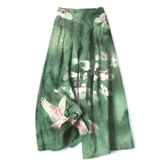 Buddha Stones Cotton Linen Crane White Floral Pattern Women's Elastic Waist Wide Leg Pants With Pockets - SeaGreen - US16，UK/AU20，EU48 (3XL) - image 0