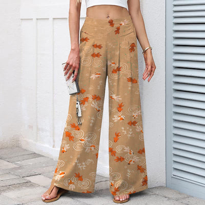 Buddha Stones Cotton Linen Koi Fish Pattern Women's Elastic Waist Wide Leg Pants With Pockets - image 7