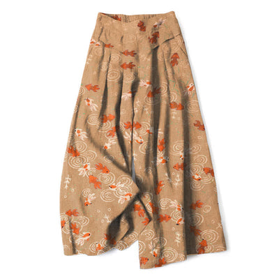 Buddha Stones Cotton Linen Koi Fish Pattern Women's Elastic Waist Wide Leg Pants With Pockets - BurlyWood - US16，UK/AU20，EU48 (3XL) - image 6