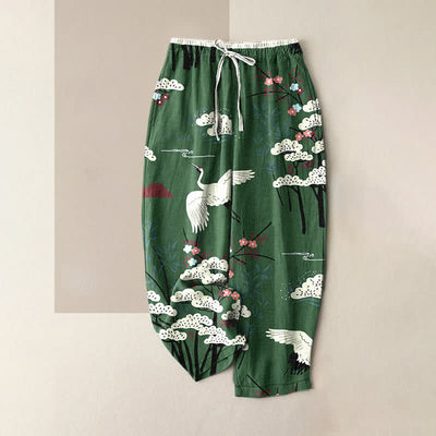 Buddha Stones Pure Cotton Graceful Crane And White Tree Pattern Women's Elastic Waist Pants With Pockets - ForestGreen - US16，UK/AU20，EU48 (3XL) - image 4