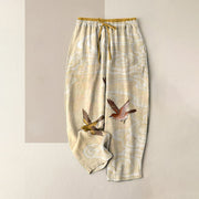 Foviel Pure Cotton Cloud and Flying Bird Pattern Women's Elastic Waist Pants With Pockets