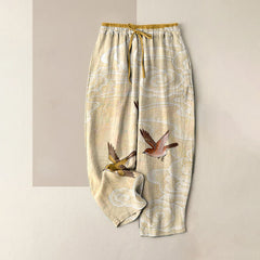 Buddha Stones Pure Cotton Cloud and Flying Bird Pattern Women's Elastic Waist Pants With Pockets - LemonChiffon - US16，UK/AU20，EU48 (3XL) - image 0
