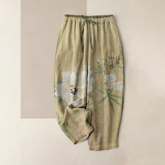 Buddha Stones Pure Cotton White Floral Leaf Pattern Women's Elastic Waist Pants With Pockets - DarkKhaki - US16，UK/AU20，EU48 (3XL) - image 0