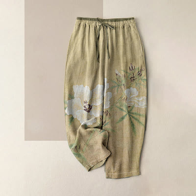 Buddha Stones Pure Cotton White Floral Leaf Pattern Women's Elastic Waist Pants With Pockets - DarkKhaki - US16，UK/AU20，EU48 (3XL) - image 0