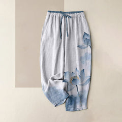 Buddha Stones Pure Cotton Lotus Ink Pattern Women's Elastic Waist Pants With Pockets - LightBlue - US16，UK/AU20，EU48 (3XL) - image 0
