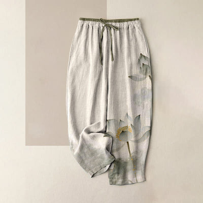Buddha Stones Pure Cotton Lotus Ink Pattern Women's Elastic Waist Pants With Pockets - Linen - US16，UK/AU20，EU48 (3XL) - image 4