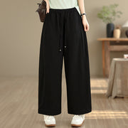 Foviel Summer Casual Drawstring Solid Cropped Pants Women's Wide Leg Pants With Pockets