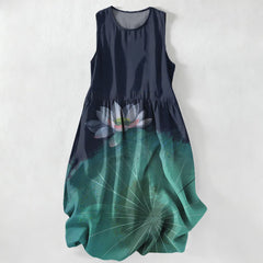 Buddha Stones Summer Casual Lotus Pond Pattern Women's Summer Sleeveless Midi Dress With Pockets - image 0