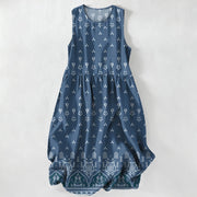 Foviel Summer Casual Bohemian Geometric Floral Border Pattern Women's Summer Sleeveless Midi Dress With Pockets