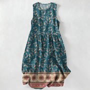 Foviel Summer Casual Floral Vine Border Pattern Women's Summer Sleeveless Midi Dress With Pockets