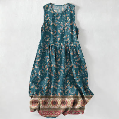 Buddha Stones Summer Casual Floral Vine Border Pattern Women's Summer Sleeveless Midi Dress With Pockets - Teal - US16，UK/AU20，EU48 (3XL) - image 0