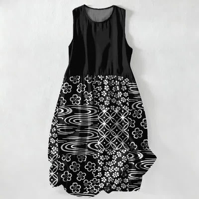 Buddha Stones Summer Casual Wave Floral Patchwork Pattern Women's Summer Sleeveless Midi Dress With Pockets - Black - US16，UK/AU20，EU48 (3XL) - image 0