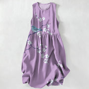 Foviel Summer Casual Blossom Bird Branches Pattern Women's Summer Sleeveless Midi Dress With Pockets
