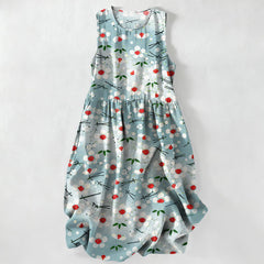 Buddha Stones Summer Casual Wildflower Berry Branch Pattern Women's Summer Sleeveless Midi Dress With Pockets - PaleTurquoise - US16，UK/AU20，EU48 (3XL) - image 0