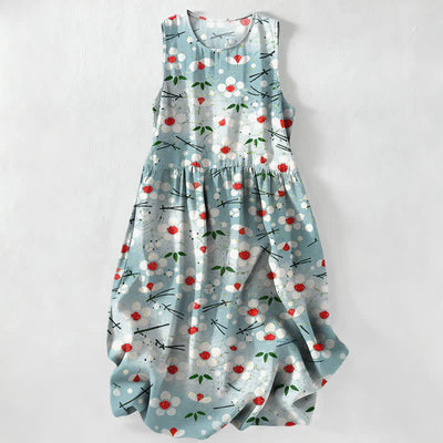 Buddha Stones Summer Casual Wildflower Berry Branch Pattern Women's Summer Sleeveless Midi Dress With Pockets - PaleTurquoise - US16，UK/AU20，EU48 (3XL) - image 0
