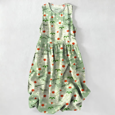 Buddha Stones Summer Casual Wildflower Berry Branch Pattern Women's Summer Sleeveless Midi Dress With Pockets - PaleGreen - US16，UK/AU20，EU48 (3XL) - image 4