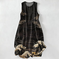 Buddha Stones Summer Casual Ukiyoe Ocean Waves Pattern Women's Summer Sleeveless Midi Dress With Pockets - Black - US16，UK/AU20，EU48 (3XL) - image 0