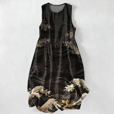 Buddha Stones Summer Casual Ukiyoe Ocean Waves Pattern Women's Summer Sleeveless Midi Dress With Pockets - Black - US16，UK/AU20，EU48 (3XL) - image 0